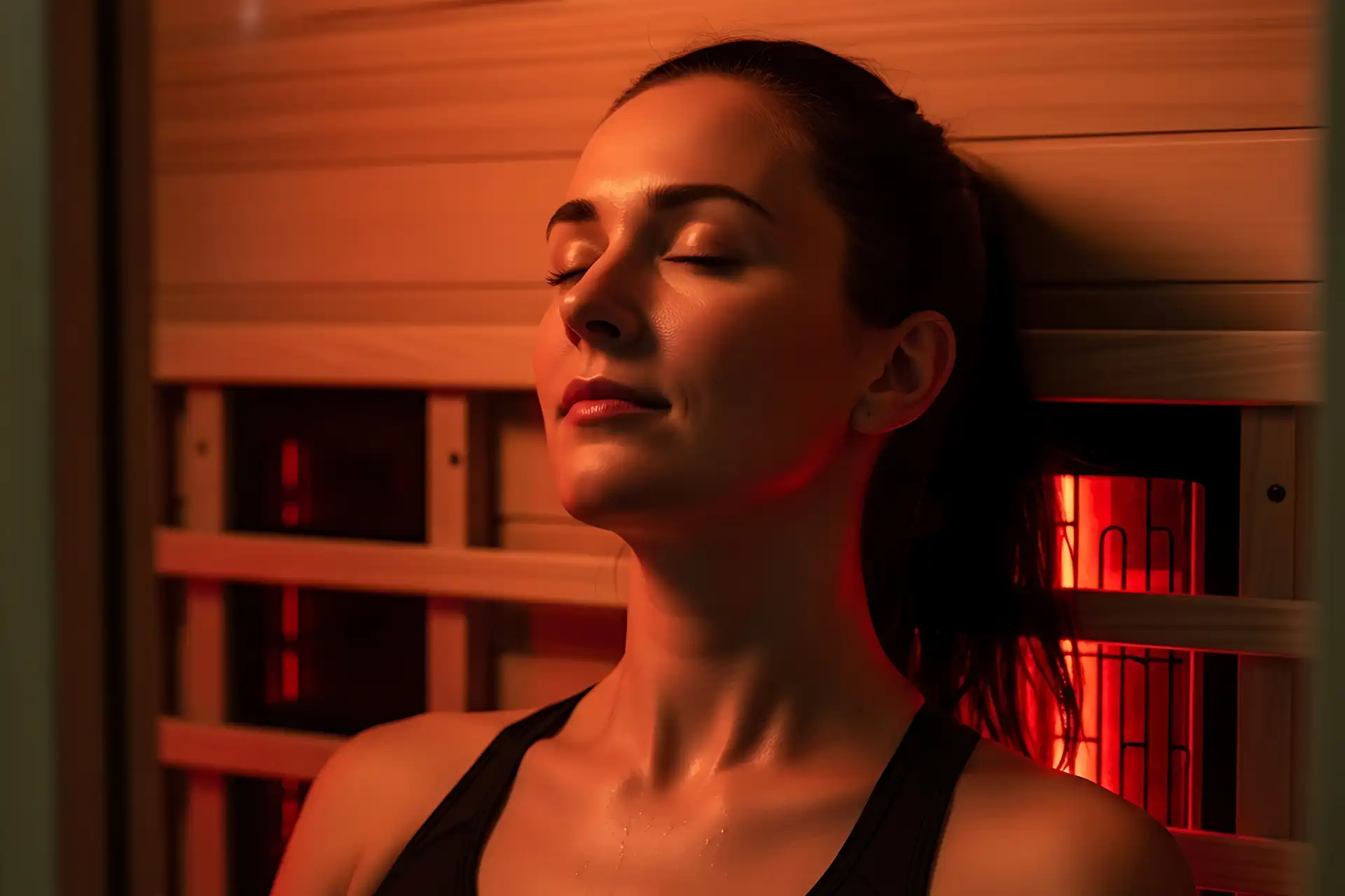 Frau entspannt in der Infrarotkabine mit geschlossenen Augen beim Wellness Wörthersee und genießt tiefenwirksame Wärme für die Muskeln